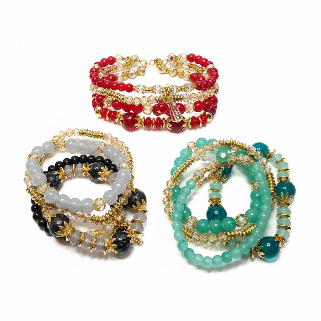 Colorful beaded bracelet sets on white background