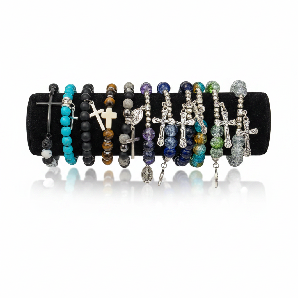 Faith-inspired cross bracelets on white background