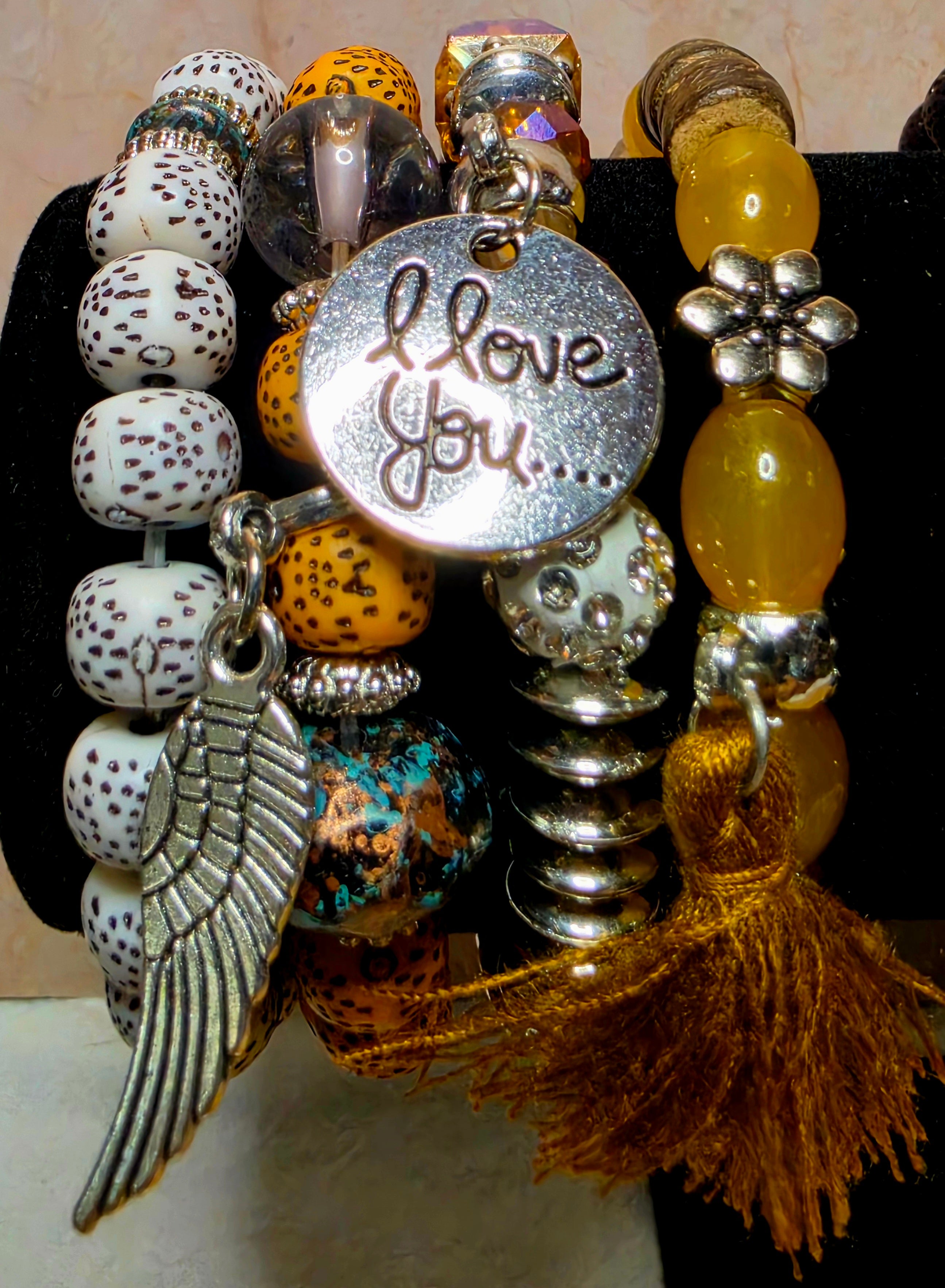 I Love You Angel Wing & Tassel Beaded Bracelet Set