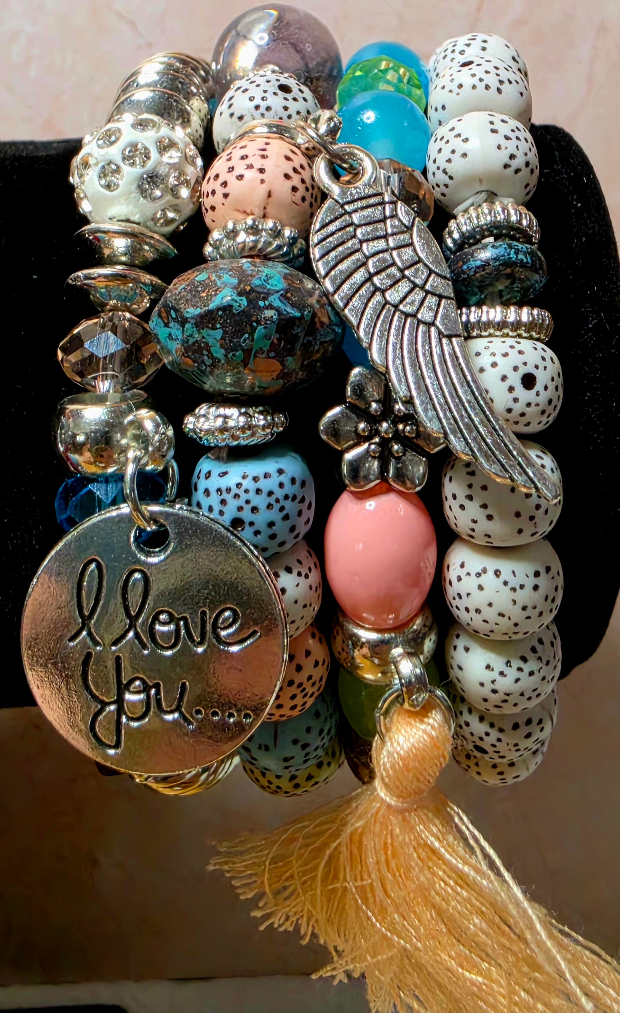 I Love You Angel Wing & Tassel Beaded Bracelet Set