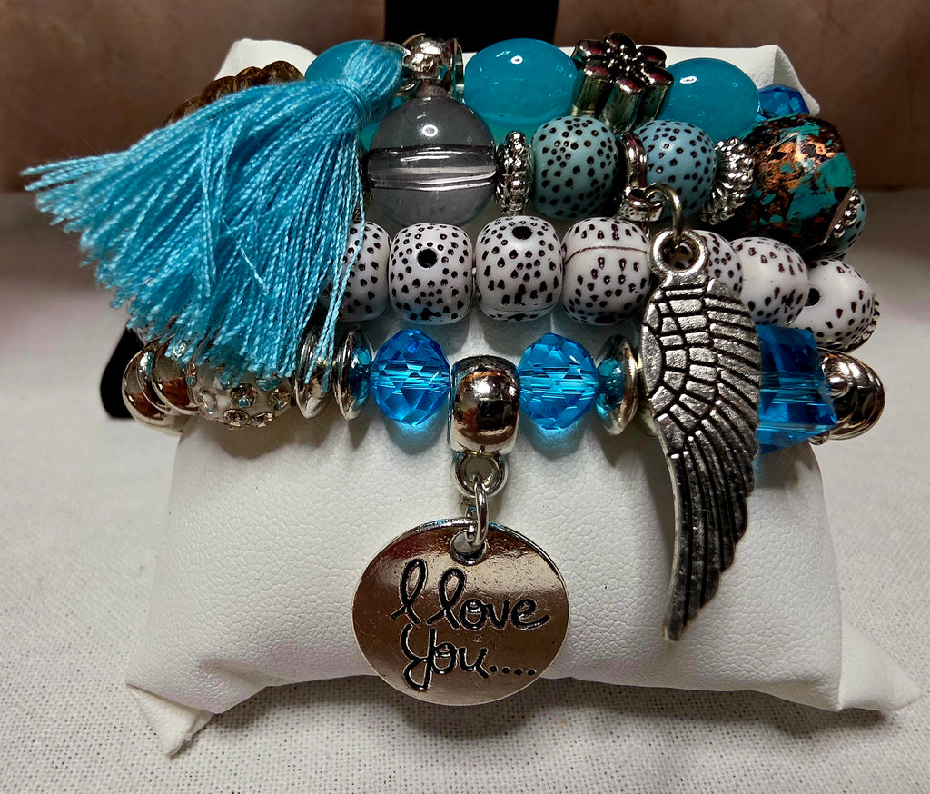 I Love You Angel Wing & Tassel Beaded Bracelet Set