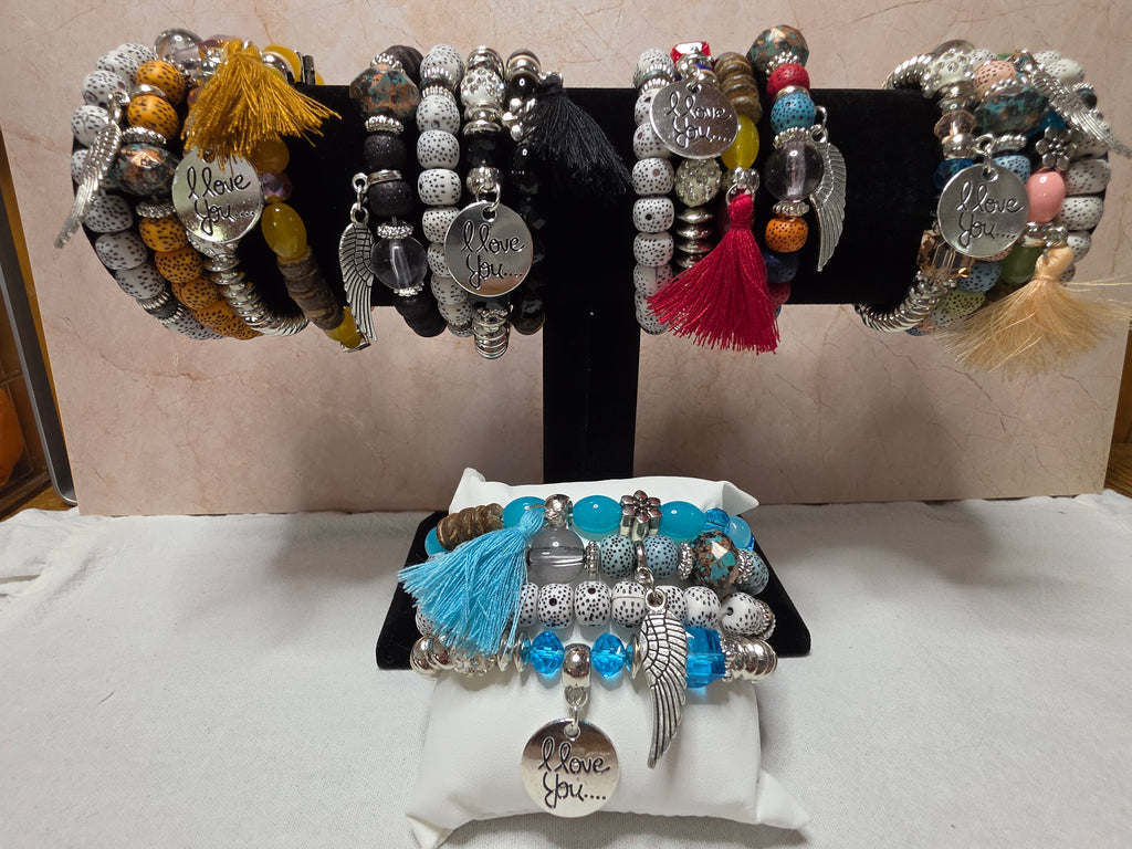 I Love You Angel Wing & Tassel Beaded Bracelet Set