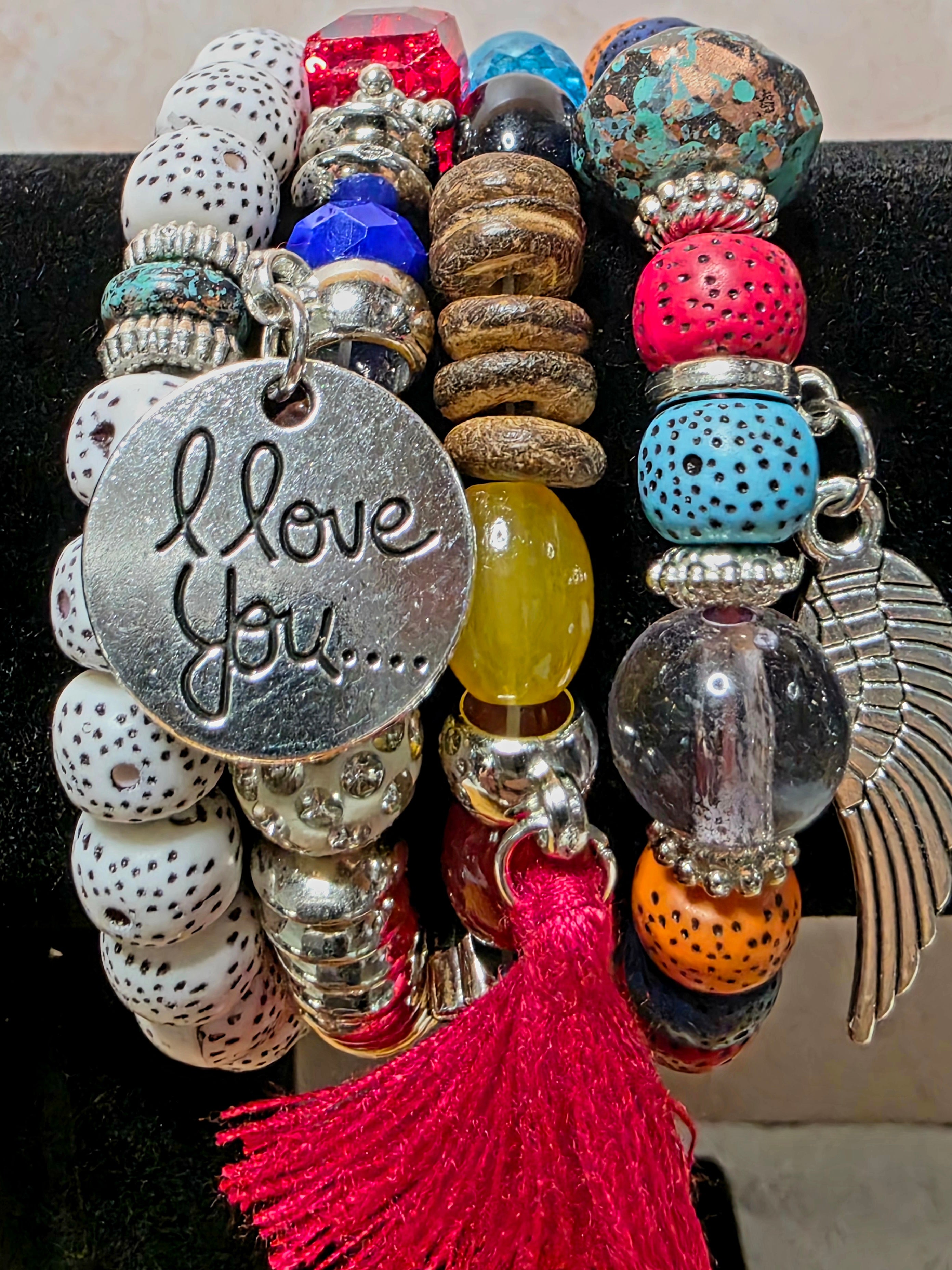 I Love You Angel Wing & Tassel Beaded Bracelet Set
