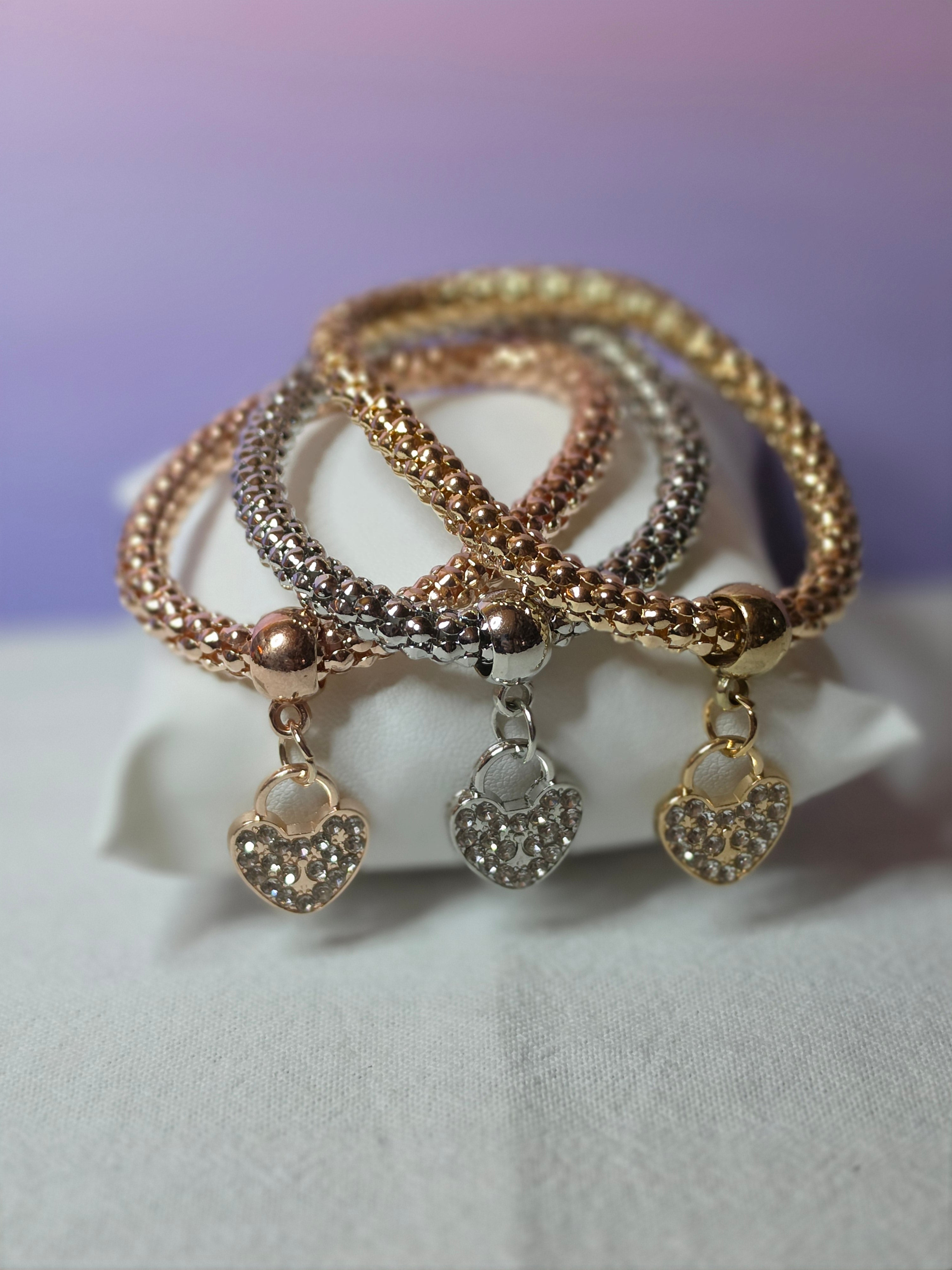 Crystal Heart Lock Charm Bracelet Set