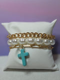 Pearl, Gold Chain & Turquoise Cross Bracelet Set