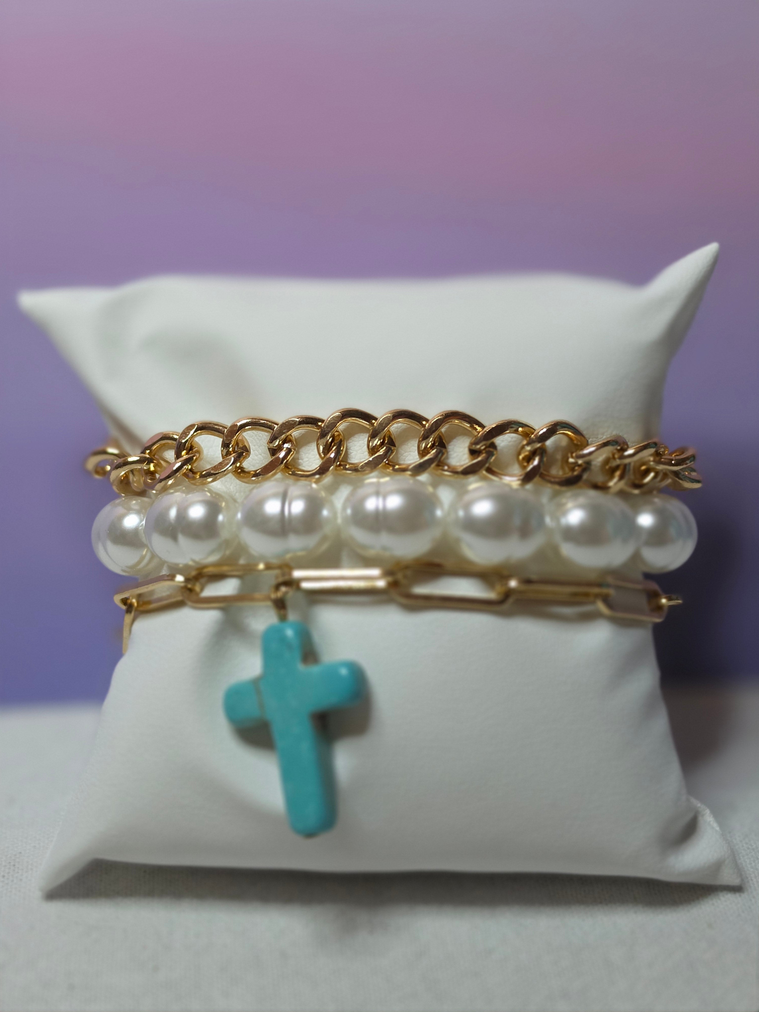 Pearl, Gold Chain & Turquoise Cross Bracelet Set